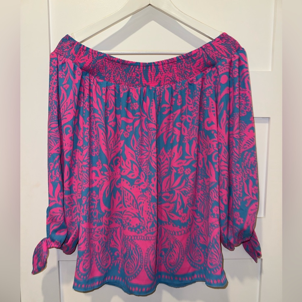 Lilly Pulitzer Pink Blue Off Shoulder Blouse Sz M Resort Preppy
